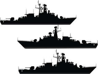 Military warship silhouette set, navy destroyer vessels collection, armed naval ships side view vector illustration isolated on background © Hello there
