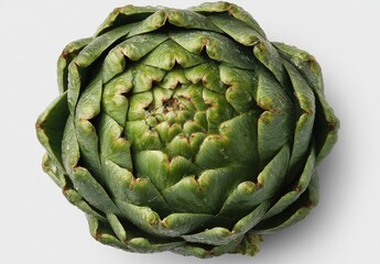 Obraz premium The entire green vegetable, featuring layered petals, shows a compact spiral centered against a clean white backdrop