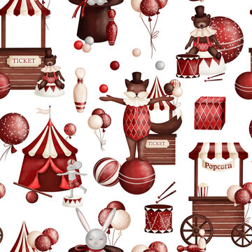 Kids seamless pattern with illustration of a circus animal with a red drum and red balls. Hand-drawn on a tablet. Perfect for children's design, fabrics, bed linen, wrapping paper, stationery