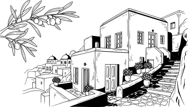 Greek Island Village House Vector Illustration, Black and White Mediterranean Travel
