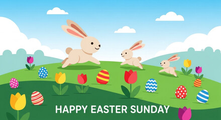 Three easter bunnies running on a green hill with colorful eggs and tulips on easter sunday