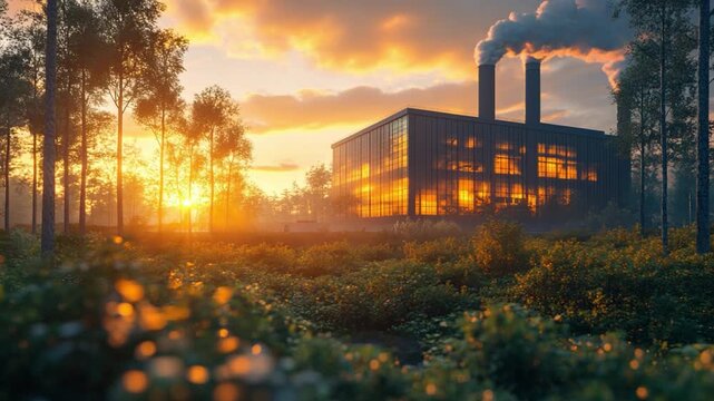 Factory amid Nature's Embrace: An industrial factory harmoniously coexists with the beauty of nature, framed by trees and bathed in the warm hues of the sunrise.