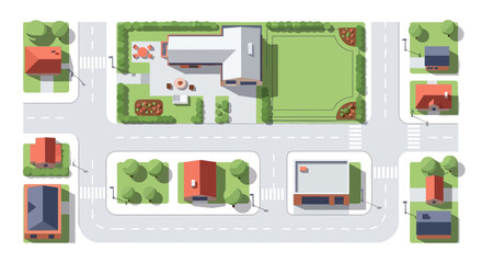 Naklejka premium Aerial view of a suburban neighborhood with houses and green spaces