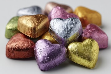 Naklejka premium Vibrant heart‑shaped pillows are arranged on a white backdrop for a romantic décor