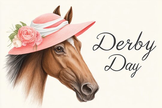 Stylized illustration of a horse wearing a pink hat adorned with flowers, accompanied by elegant script reading "Derby Day," reflecting Kentucky Derby themes and festive spirit