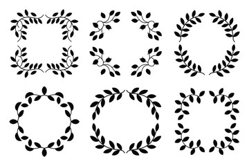 Fototapeta premium Black laurel wreath collection with branch and leaf silhouettes for logo emblem award or crest decoration isolated on transparent background