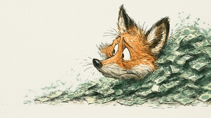 Fototapeta premium Mischievous Fox Playfully Digging Into Money Mound in Artistic Sketch