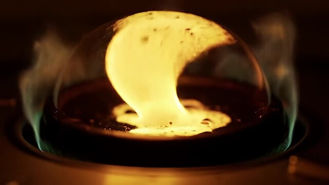 Abstract, yellow, bubbly mass held captive within glass, surrounded by teal, golden fire