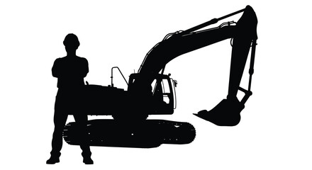 A construction worker stands proudly beside a large excavator a striking black form against a white background silhouette © Pvect02