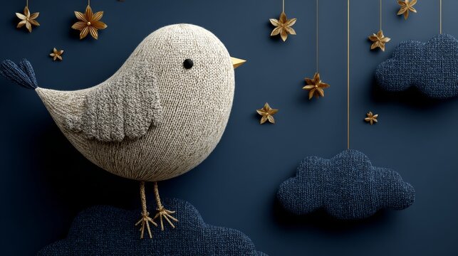 A blue paper dove, serene in style, rests on a yarn cloud, embossed script, and decorative border