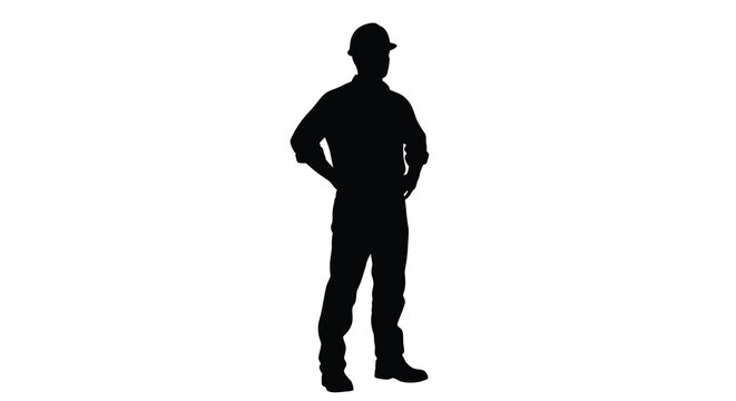 A full body depiction of a man wearing a cap and work clothes presented in stark contrast a silhouette