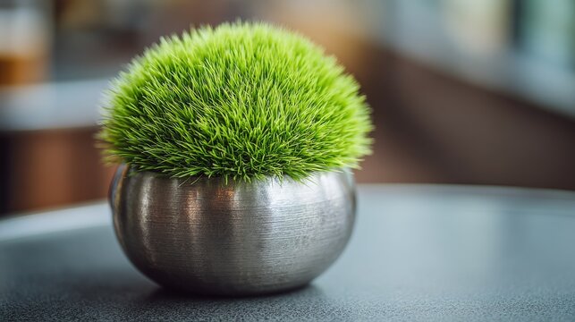 Bright green potted grass with water droplets, captured in a close-up against a blurry background
