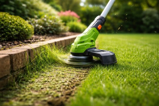 Grass trimming happens in a garden during daylight to maintain the lawn edge near a stone border with green plants around