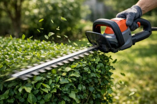 Person uses electric trimmer to shape a hedge in a garden during daytime in a residential area
