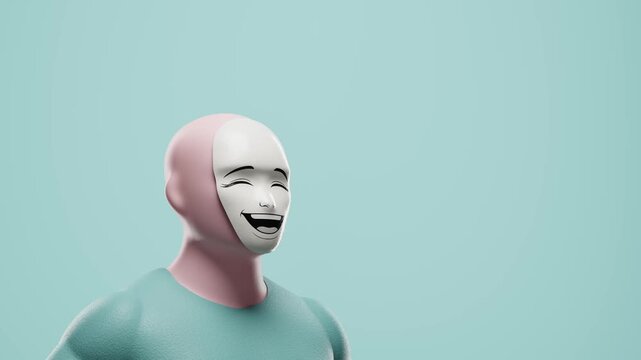 3D animation of a faceless character with floating emotional masks symbolizing bipolar disorder. Minimal abstract scene representing mental health and mood swings.