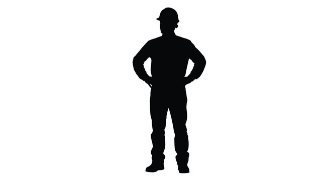 A stark full body silhouette of a man standing with hands on hips presenting a powerful and isolated figure silhouette