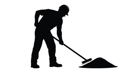 A striking black silhouette depicts a worker using a rake with a pile of debris showcasing manual labor silhouette © Pvect02