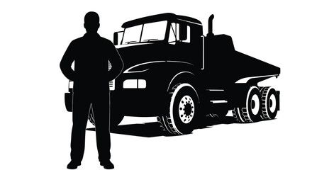 A proud truck driver stands beside a large semi truck both depicted in a striking black silhouette high quality professional © Pvect02