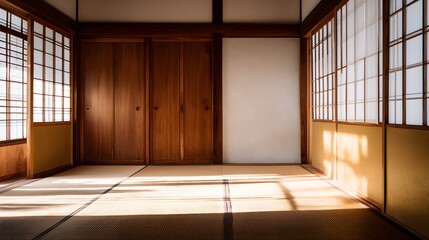 Fototapeta premium Serene Japanese interior captures tranquil moments within a traditional tatami room design