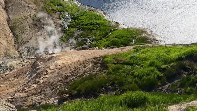 Lush green slope meeting an active geothermal area with drifting steam and a melting snowbank in Kamchatka, Russia.