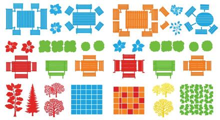 Colorful top down views of furniture flowers trees and patterned tiles © Santirani