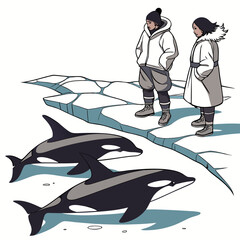 Two Inuit people standing on melting ice with orcas swimming below © ggg