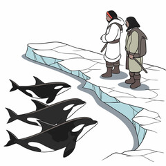 Two Inuit men standing on iceberg observing orcas swimming © ggg
