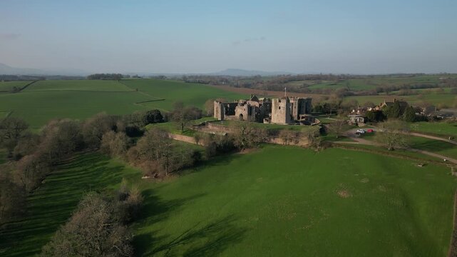 Medieval castle ruins in Wales, drone flight