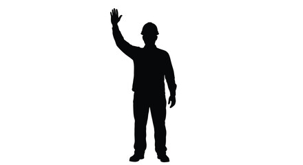 A solitary construction worker stands with a raised hand appearing to wave or signal presented as a silhouette © Pvect02