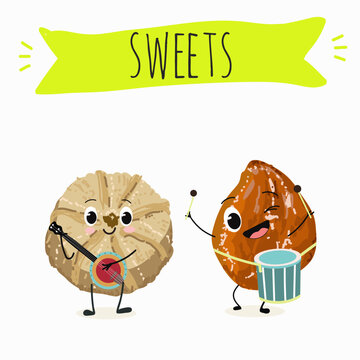Funny Characters Ma'amoul dessert, Turkish candied chestnut (Kestane Sekeri) , hand drawn vector illustration.