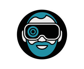 Obraz premium A smiling man wearing virtual reality goggles in a modern circular icon design
