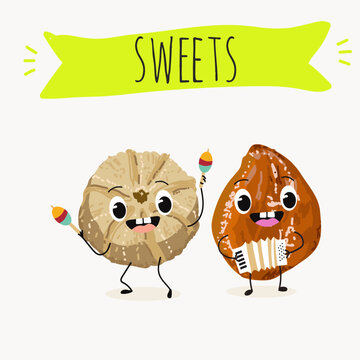 Funny Characters Ma'amoul dessert, Turkish candied chestnut (Kestane Sekeri) , hand drawn vector illustration.