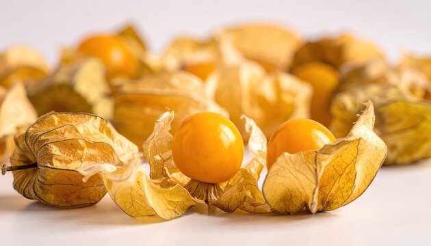 Bright and vibrant physalis peruviana fruit arrangement with papery husks showcasing golden hues and intricate textures for healthy eating concepts