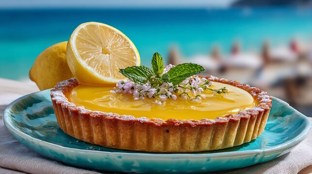 French lemon tart glossy topping ceramic plate background sunny Cte dAzur beach with turquoise water bright daylight