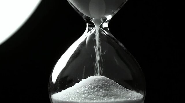 Hourglass with sand flowing from top to bottom against a dark background.