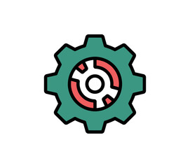 Obraz premium A green gear icon with a red and white center, representing industry and mechanics in a modern, flat design style.