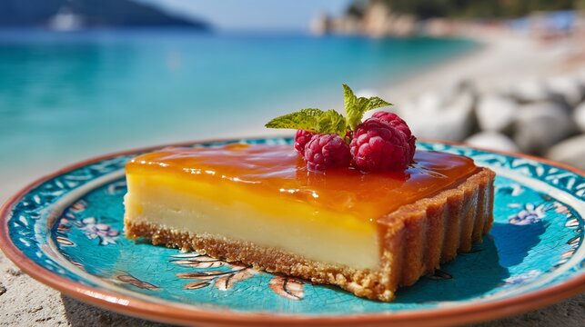 French lemon tart glossy topping ceramic plate background sunny Cte dAzur beach with turquoise water bright daylight