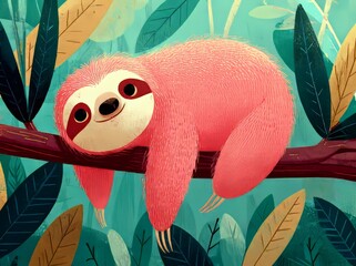 Fototapeta premium A bright pink sloth hangs upside down on a branch, tongue sticking out