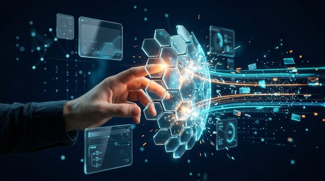 Hand interacting with a futuristic holographic hexagonal data interface and digital network