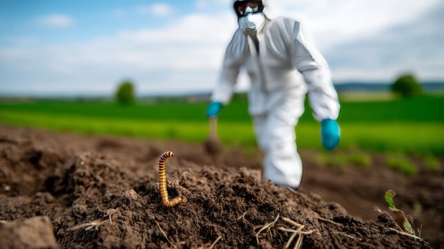 Worker in Hazmat Suit Inspecting Soil with Wireworm in Agricultural Field