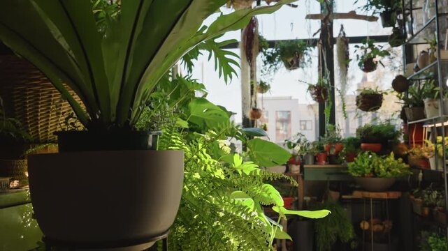 Sunlit florist greenhouse filled with plants bright morning light streaming through arched window workbench with pots variety of potted ferns and tropicals propagation trays lush vibrant foliage