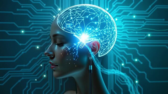 Science in Medicine. A female head with a glowing neural chip and quantum circuits, connected to a brain implant , a futuristic neural interface.