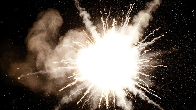 Bright explosion with smoke and sparks on a dark background