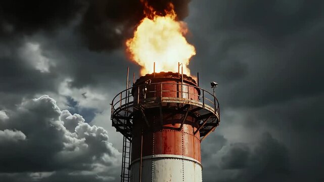 Industrial flare stack burning off gas against a cloudy sky.