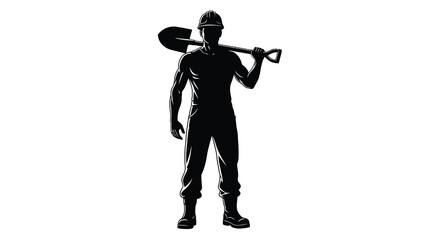 A striking black silhouette depicts a muscular worker carrying a shovel over his shoulder showcasing manual labor silhouette © Pvect02