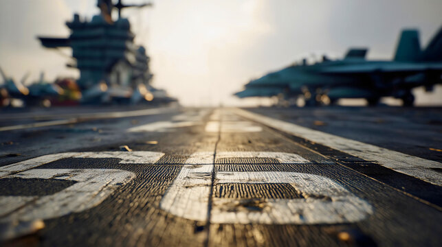 Aircraft carrier runway, blurred fighter planes and control tower on deck, naval defense and military aviation background, warm sunset light.