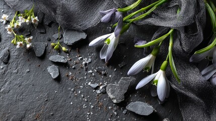 A soft spring still life featuring delicate snowdrops and sheer fabric on a textured grey background