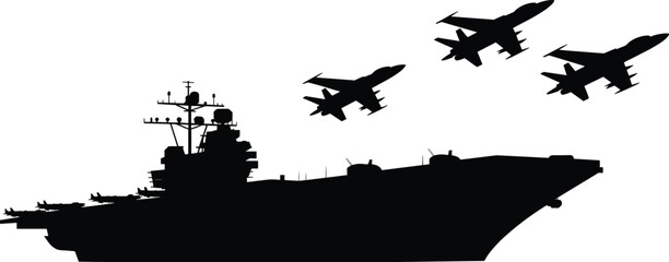 Aircraft carrier warship silhouette with fighter jets flying overhead, naval military fleet power concept isolated on white background © Sophia Creatives
