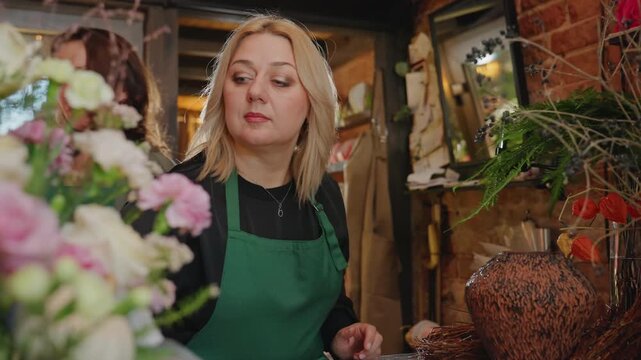 Florist arranging pastel bouquet in shop, blonde woman in green apron trims stems and arranges roses and peonies behind wooden counter with wicker baskets and vases, warm ambient light, handson floral