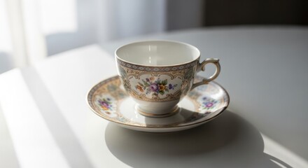 Fototapeta premium Floral porcelain teacup and saucer sitting in bright sunlight on a white surface